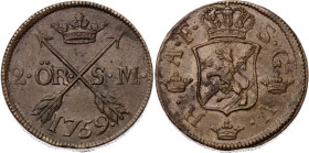 Sweden 2 Ore Silvermynt 1759