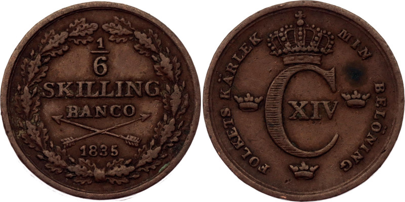 Sweden 1/6 Skilling Banco 1835

KM# 639, N# 22198; Copper; Carl XIV Johan; XF+