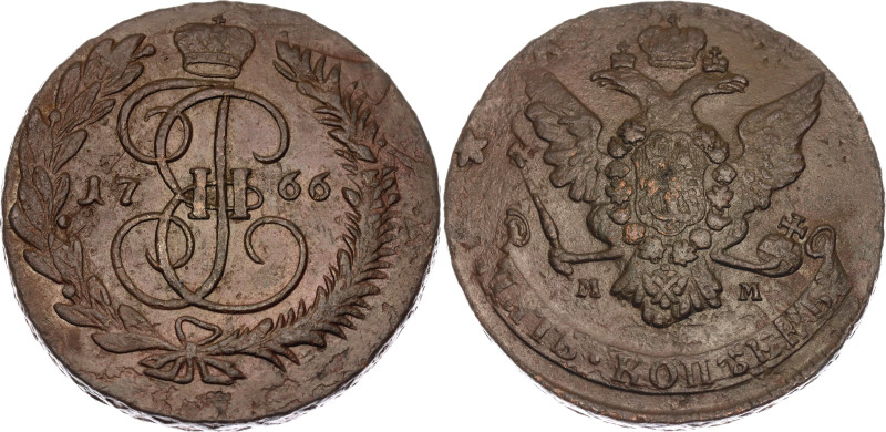 Russia 5 Kopeks 1766 ММ Overstrike

Bit# 524; Copper 43.42 g.; XF+