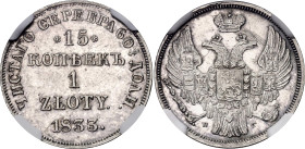 Russia - Poland 15 Kopeks / 1 Zloty 1833 /2 НГ NGC UNC Overdate