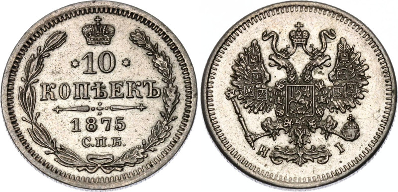 Russia 10 Kopeks 1875 СПБ HI

Bit# 259; Silver 1.82 g.; AUNC with hairlines