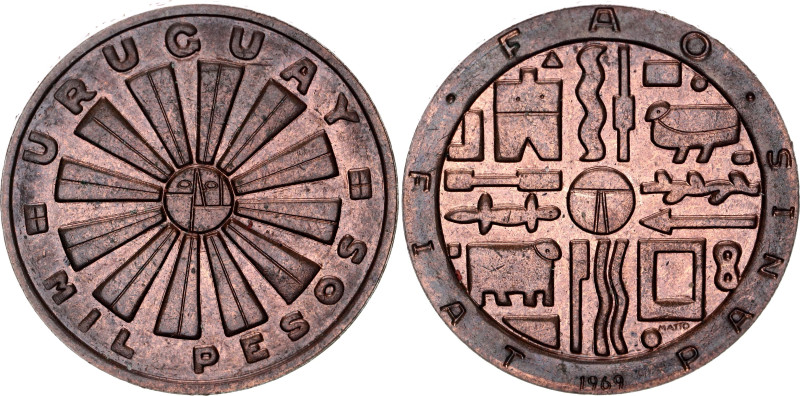 Uruguay 1000 Pesos 1969 Pattern

KM# 55a, N# 10043; Copper; FAO; UNC, mint lus...