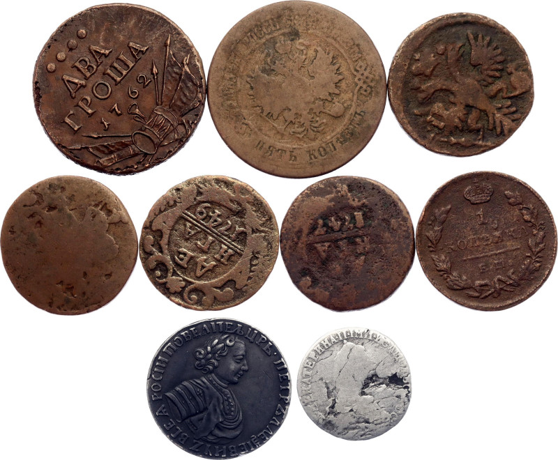Russia Lot of 9 Coins 1731 - 1878

With Silver; Various Rulers, Dates & Denomi...