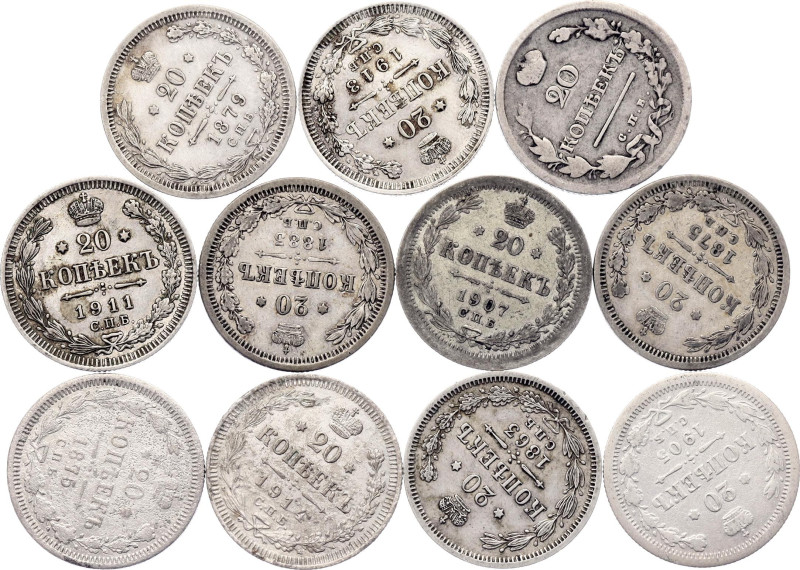 Russia 11 x 20 Kopeks 1818 - 1914

Silver., Total weight: 40.14 g; VF/UNC