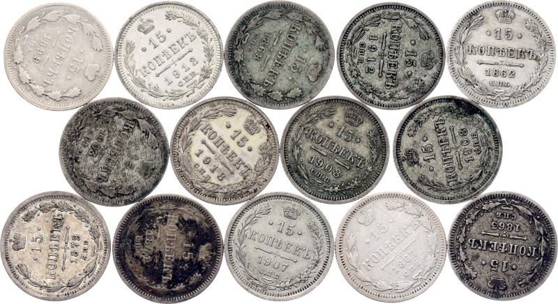 Russia 14 x 15 Kopeks 1862 - 1913

Silver., Total weight: 37.51 g; Various Rul...