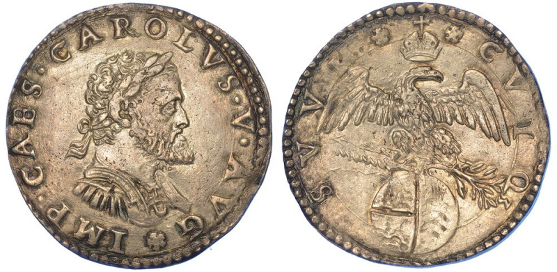 MILANO. CARLO V D'ASBURGO, 1535-1556., Mezzo scudo s.d.

Busto laureato e cora...