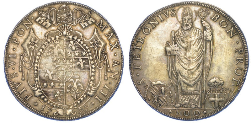 BOLOGNA. PIO VI, 1775-1799., Scudo Romano da 100 Bolognini 1777/A. III.

Stemm...