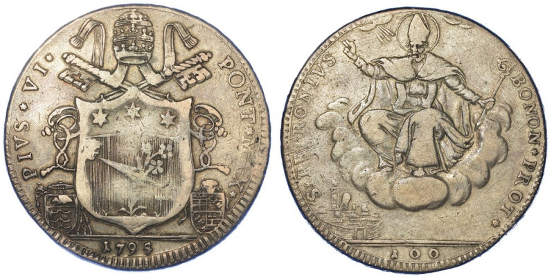 BOLOGNA. PIO VI, 1775-1799., Scudo da 5 Lire o 100 Bolognini 1795.

Stemma pol...