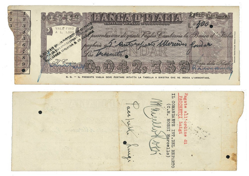 VAGLIA CAMBIARI. BANCA D'ITALIA, FILIALE DI GONDAR.

Pagamento Lire 300 per il...