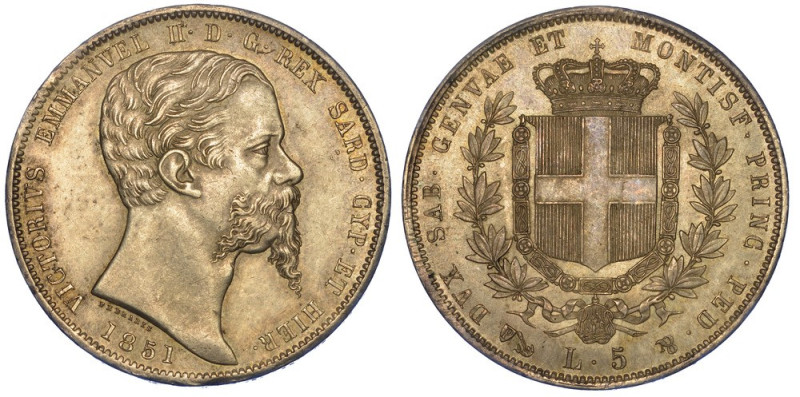 REGNO DI SARDEGNA. VITTORIO EMANUELE II DI SAVOIA, 1849-1861., 5 Lire 1851. Geno...