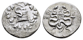 IONIA. Ephesos. (Circa 180-67 BC). Dated CY 8 (126/5 BC).Cistophor.

Obv : Cista mystica with serpent; all within ivy wreath.

Rev : EΦΕ.
Bow case bet...