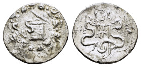 IONIA, Ephesos.(Circa 180-67 BC).Cistophor.

Obv : Cista mystica with serpent within ivy wreath.

Rev : Two serpents entwined around bow and bowcase; ...