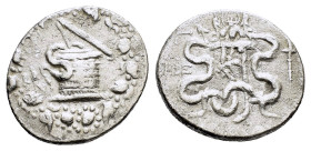 IONIA. Ephesos.(139/138 BC).Cistophor.

Obv : Cista mystica with serpent; all within ivy wreath.

Rev : EΦΕ.
Bow case between two serpents; cornucopia...