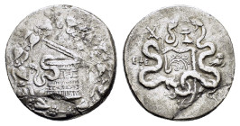 IONIA, Ephesos.(Circa 166-67 BC).Cistophor.

Obv : Cista mystica with serpent; all within ivy wreath.

Rev : Bow case with serpents; monogram to upper...