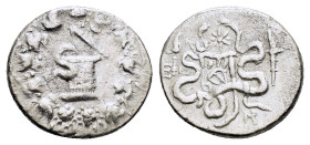 IONIA. Ephesos. Cistophor (Circa 180-67 BC).Cistophor.

Obv : Cista mystica with serpent; all within ivy wreath.

Rev : EΦE.
Bow case between two serp...
