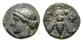 IONIA. Ephesos.(Circa 375-325 BC).Ae.

Obv : E - Φ.
Bee with straight wings.

Rev : Female head left, wearing stephane.
BMC 68.

Condition : Good very...