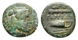 IONIA.Erythrae.(Ca. 300-200 BC). Ae.

Obv : Head of Herakles right, wearing lion skin headdress.

Rev : EPY, ΓOPΓIΩN.
Club and bow in quiver; tripod t...