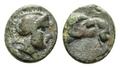 IONIA. Klazomenai.(4th century BC).Ae.

Obv : Helmeted head of Athena right.

Rev : Head of ram right.
SNG von Aulock 1550; SNG Tuebingen 287.

Condit...