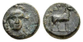 IONIA. Klazomenai.(4th century BC).Ae.

Obv : Helmeted head of Athena facing slightly right.

Rev : ΦANAΓOPAΣ.
Ram standing right.
SNG Copenhagen 73.
...