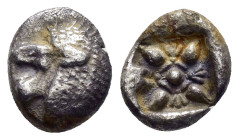 IONIA. Miletos.(Late 6th-early 5th centuries BC).Obol.

Obv : Head of lion left.

Rev : Stellate pattern within incuse square.
SNG Kayhan I 476-482.

...