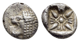 IONIA. Miletos.(Late 6th-early 5th centuries BC).Obol.

Obv : Head of lion left.

Rev : Stellate pattern within incuse square.
SNG Kayhan I 476-482.

...