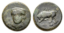 IONIA. Phygela.(Circa 350-300 BC).Ae.

Obv : Head of Artemis Munychia facing slightly left, wearing stephane.

Rev : ΦΥΓ / ΣΩΚΡΑΤΗΣ.
Bull butting left...