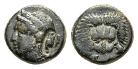IONIA. Samos.(Circa 408/4-380/66 BC).Ae.

Obv : Head of Hera left.

Rev : ΣΑ.
Facing scalp of lion.
SNG Copenhagen 1694; HGC 6, 1249.

Condition : Goo...