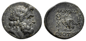 LYDIA. Blaundos.(2nd-1st century BC).Ae.

Obv : Laureate head of Zeus right.

Rev : BΛAYNΔΕΩN / ΘEOTIMIΔO.
Eagle standing left, head right, with wings...