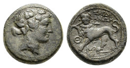 LYDIA. Sardes.(2nd-1st centuries BC).Ae.

Obv : Head of Dionysos right, wearing ivy wreath.

Rev : ΣΑΡΔΙΑΝΩΝ.
Horned lion standing left, head facing, ...