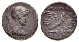 PHRYGIA.Acmoneia.(1st century BC).Ae. 

Obv : Helmeted bust of Athena left, wearing aegis.

Rev : MHNOΔOTOΣ/ΣIΛΛΩN.
Eagle alighting right from thunder...