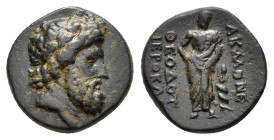 PHRYGIA. Acmoneia.(1st century BC).Ae.

Obv : Laureate head of Zeus right, wreathed with oak.

Rev : ΘEOΔOTO IEΡOKΛE AKMONEΩN.
Asklepios standing fron...