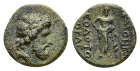 PHRYGIA. Acmoneia.(1st century BC).Ae.

Obv : Laureate head of Zeus right, wreathed with oak.

Rev : ΘEOΔOTO IEΡOKΛE AKMONEΩN.
Asklepios standing fron...