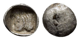 LYCIA or CARIA. Uncertain (?) (Circa 5th century BC). Tetartemorion.

Obv : Uncertain depiction; head of Bull.

Rev : Head and neck of bull left withi...