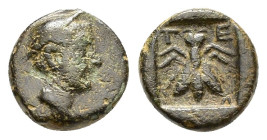 LYCIA. Telmessos.(2nd-1st centuries BC).Ae.

Obv : Draped bust (of Hermes?) right, wearing petasos.

Rev : T - E - Λ.
Bee within incuse square.
SNG Co...
