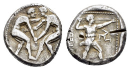 PAMPHYLIA. Aspendos.(Circa 420-370 BC). Stater.

Obv : Two wrestlers grappling.

Rev : EΣTFEΔIIYΣ.
Slinger in throwing stance right. Control: Triskele...