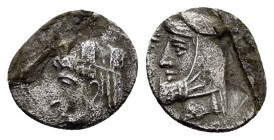CILICIA. Uncertain.(4th century BC).Obol.

Obv : Draped bust facing slightly left, wearing satrapal headdress; star to left.

Rev : Crowned and draped...