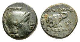 SELEUKID KINGS of SYRIA. Seleukos II Kallinikos (246-225 BC).Sardes.Ae.

Obv : Helmeted head of Athena right.

Rev : ΒΑΣΙΛΕΩΣ / ΣΕΛΕΥΚΟΥ.
Head of elep...