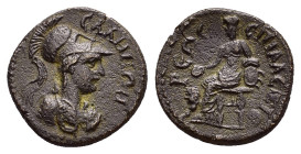 LYDIA. Sala. Pseudo-autonomous. Time of Trajan (98-117). Ae. 

Obv : ϹΑΛΗΝΩΝ.
Bust of Athena wearing crested Corinthian helmet and aegis right.

Rev :...