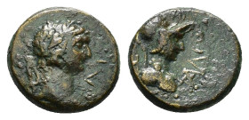 PAMPHYLIA. Attalea. Nero (54-68). Ae.

Obv : Bare head of Nero right; Γ to left.

Rev : ATTAΛEΩN.
Helmeted bust of Athena right.
RPC I 3367. 

Conditi...