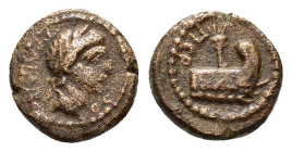 PAMPHYLIA. Perge. Trajan.(98-117). Ae.

Obv : ΤΡΑΙΑΝΟC.
Laureate head of Trajan to right.

Rev : ΠΕΡ.
Prow to right; behind, lighthouse.
BMC 25. RPC I...