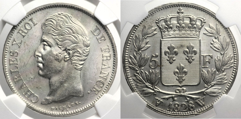 FRANCE Charles X (1824-1830) 5 Francs 1828 W Lille KM728.3 AG. In Slab NGC MS62....