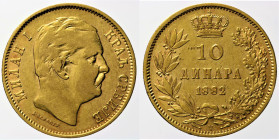 SERBIA Milan I Obrenovic 10 Dinara 1882 V Vienna Mint Fb 5 AU Oro Gold gr. 3,18

BB
