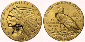 USA Repubblica Federale (1789 - ) 5 Dollars 1909 D Denver Indian Head Fr. 148 AU Oro Gold gr. 8,33

SPL+