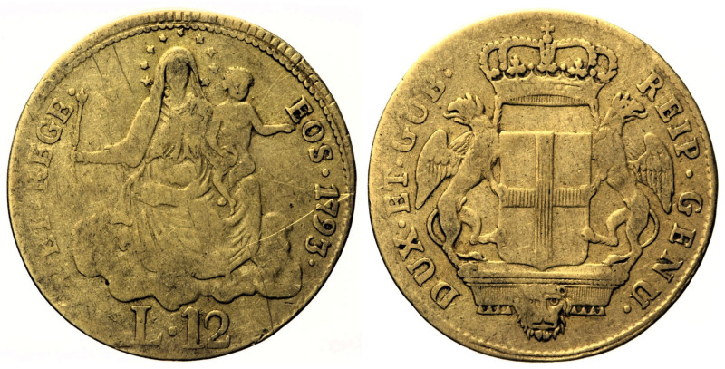 GENOVA - Dogi Biennali (1528-1797) - 12 Lire 1793 MIR 281 RRR Fr 447- AU Oro - g...