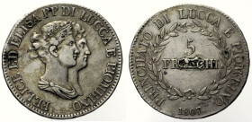 LUCCA e PIOMBINO Elisa Bonaparte e Felice Baciocchi 5 Franchi 1807 Firenze Gig. 4 NC AG gr. 24,80 Ritocco/saldatura al centro del rovescio

BB