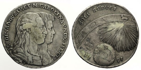 NAPOLI Ferdinando IV di Borbone (1759-1816) Piastra 1791 Soli Reduci con P sotto la spalla Gig. 59 R AG gr. 26,98 Ritocco sui primi due numeri della d...