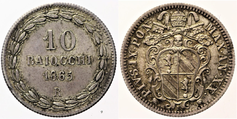 ROMA Stato Pontificio Pio IX (1846-1870) 10 Baiocchi 1865 An XX Gig 139 AG gr 2,...