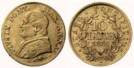 ROMA Stato Pontificio Pio IX (1846-1870) 10 Lire 1866 AN XXI Gig. 275 R AU Oro Gold gr. 3,22

SPL
