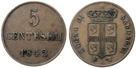 REGNO DI SARDEGNA CARLO ALBERTO (1831-1849) 5 Centesimi 1842 Torino Gig. 158 R CU gr 5,00

BB+