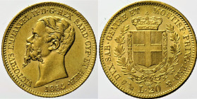 REGNO DI SARDEGNA VITTORIO EMANUELE II (1849-1861) - 20 Lire 1854 Genova - Gig. 8 AU Oro Gold gr. 6,45 Ottima qualità. Fondi lucenti

qFDC/FDC